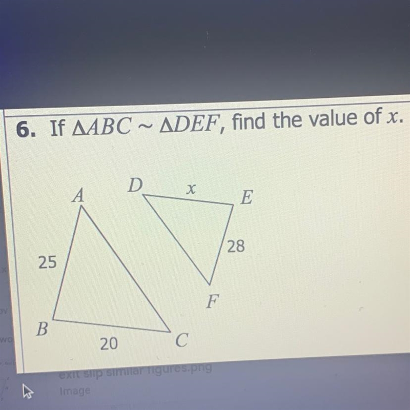 6. If AABC ~ ADEF, find the value of x.-example-1