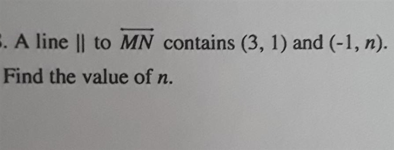 A line parallel to Line MN contains (3, 1) and (-1, n). Find the value of n​-example-1