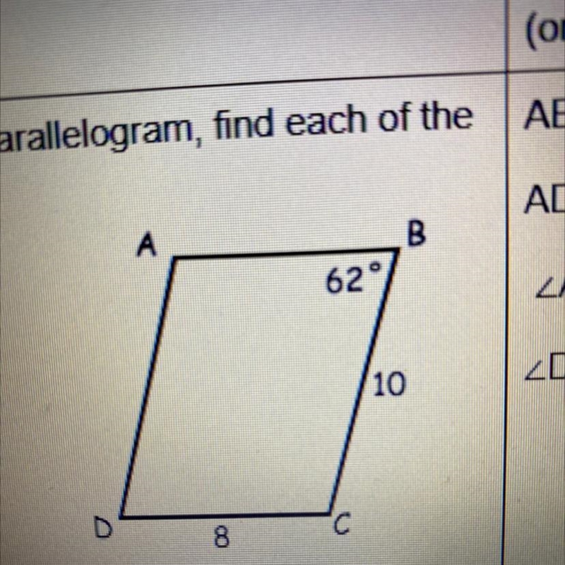 Given that ABCD is a parallelogram, find each of the following AB AD < A < D-example-1