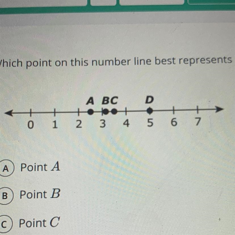 Which point on this number line best represents square route of 10 (tap the whole-example-1