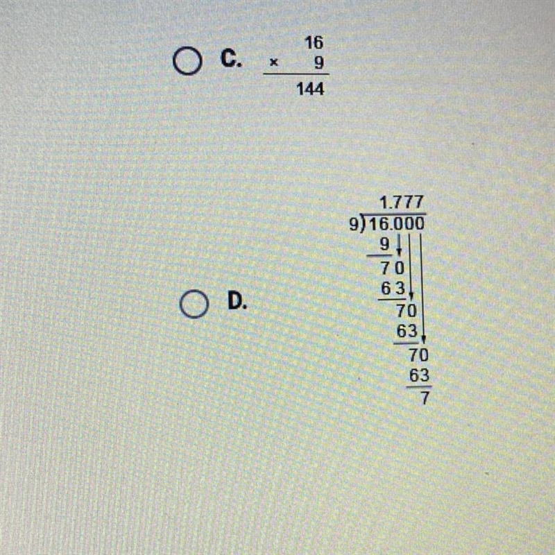 Which calculation and answer show how to convert to a decimal? 9/16-example-1