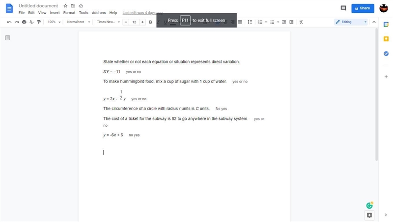 State whether or not each equation or situation represents direct variation.-example-1