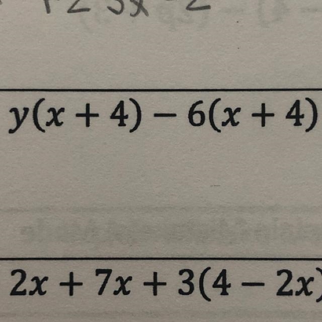 Algebra 1 Simplify 9) y(x + 4) - 6(x + 4)-example-1