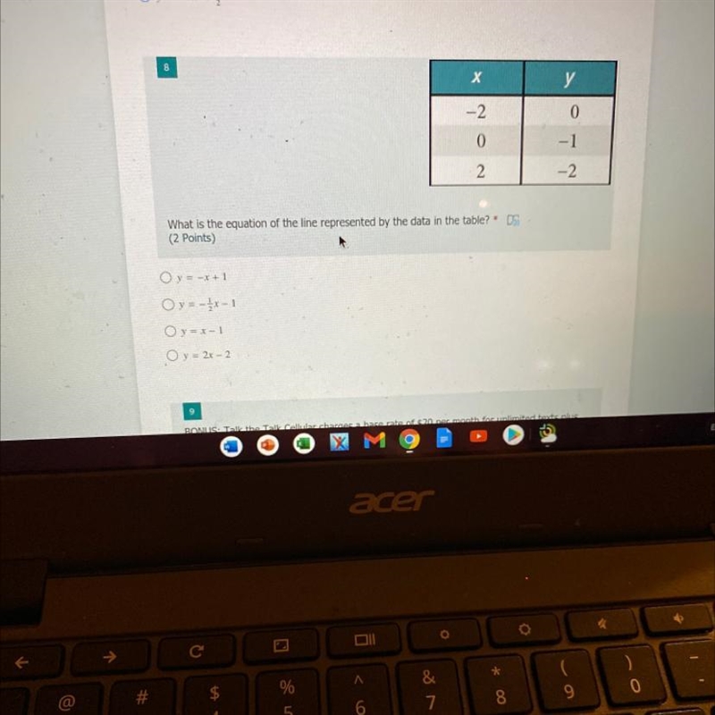 What is the equation of the line represented by the data in the table-example-1