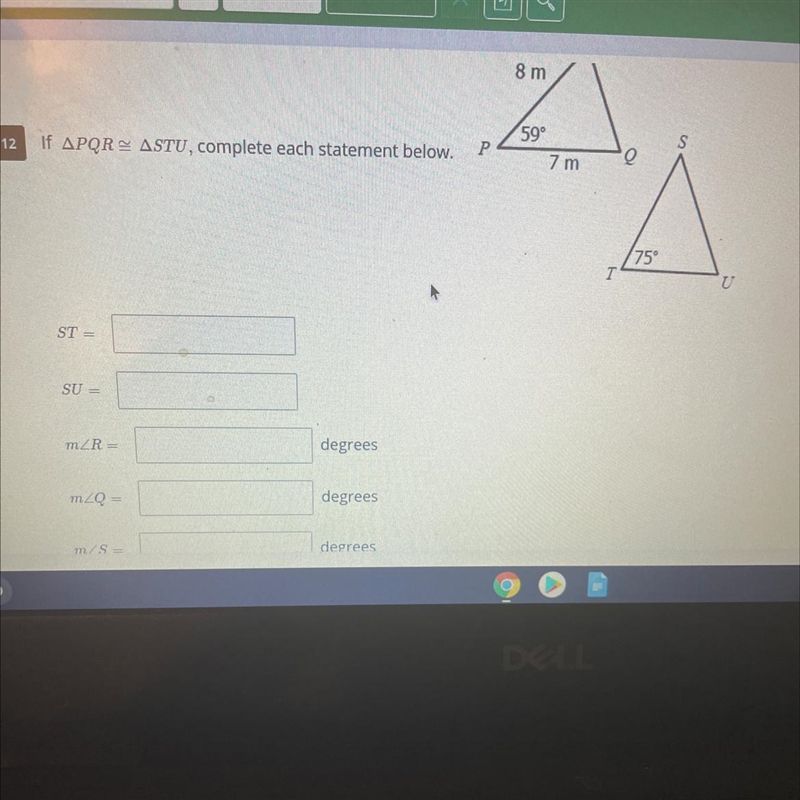 If triangle PQR Triangle STU complete the statements below-example-1