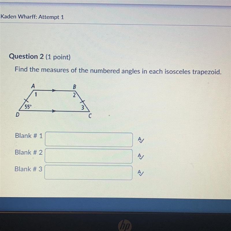 Find the measures of the numbered angles in each isosceles trapezoid. B2 A1 55° c-example-1