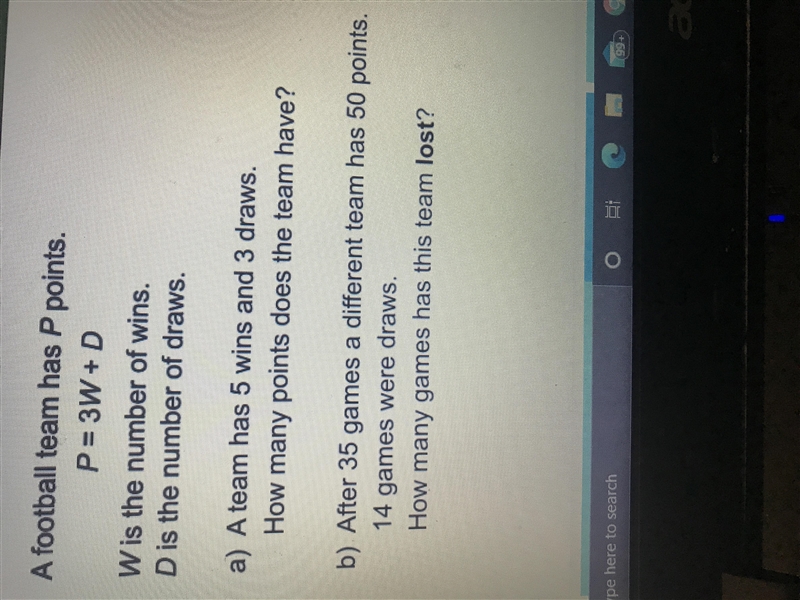 A football team has p points W is the number of wins D is the number of draws A team-example-1