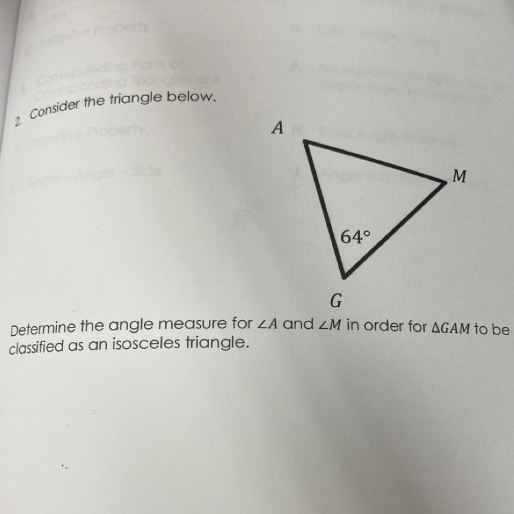 Consider the triangle below. Determine the angle measure for angle A and angle M in-example-1