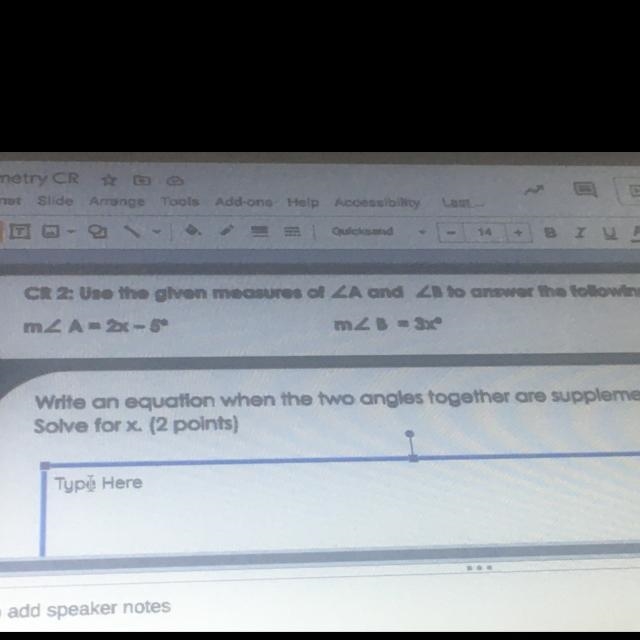 Write an equation when the two angles together are supplementary. solve for x-example-1