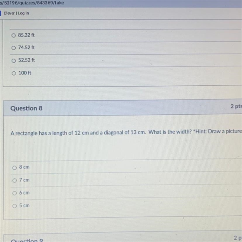 A rectangle has a length of 12 cm and a diagonal of 13 cm. What is the width? *Hint-example-1