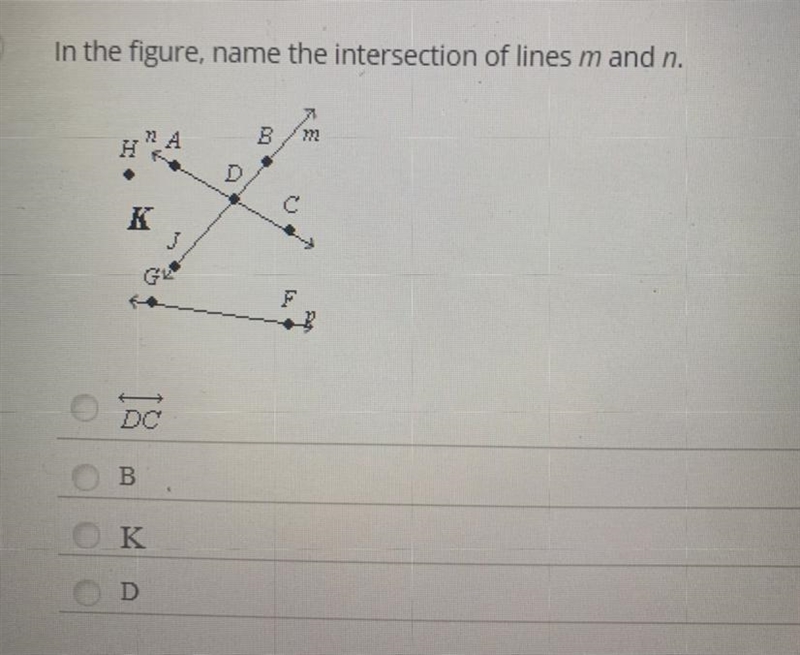 In the figure, name the intersection of lines m and n. B m H K j DC B K A-example-1