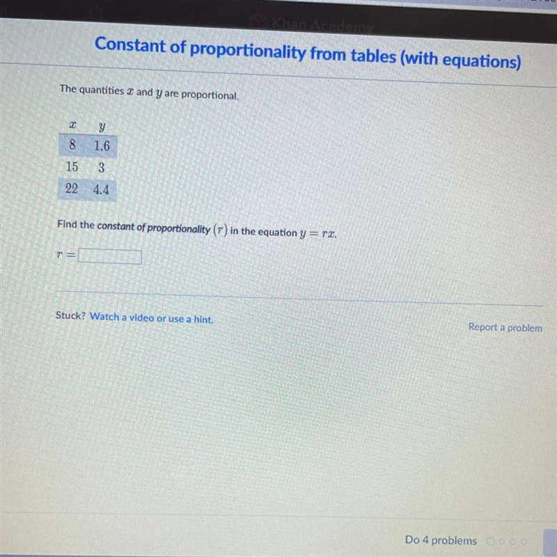 The quantities x and y are proportional find the constant of proportionality (r) in-example-1