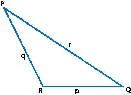 Triangle PQR with side p across from angle P, side q across from angle Q, and side-example-1