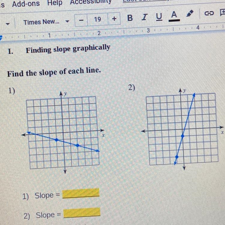 Find the slope of each line. 1) Slope = 2) Slope =-example-1