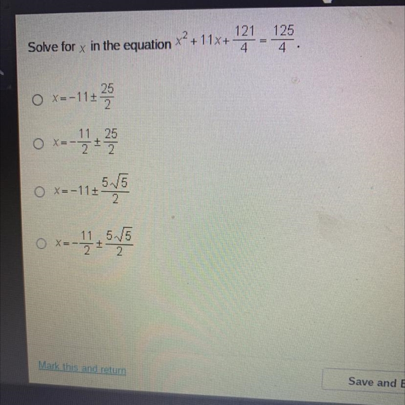 Solve for x in the equation x2 +11x+121/4=125/4-example-1