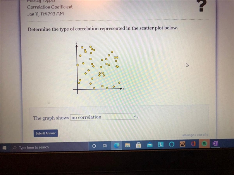 Determine the type of correlation in a scatterplot. Please answer the question in-example-1