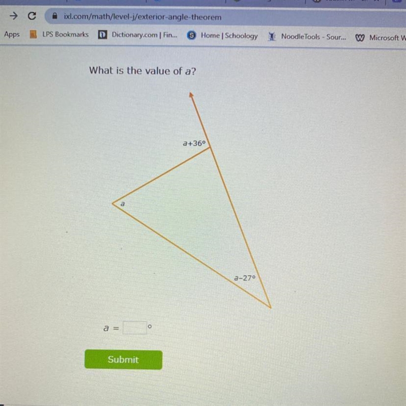 What is the value of a? a+36° a-27°-example-1