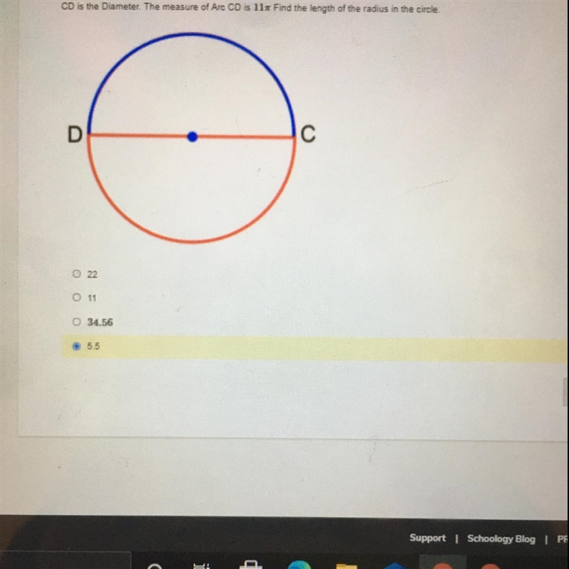 CD is the Diameter. The measure of Arc CD is 11x Find the length of the radius in-example-1