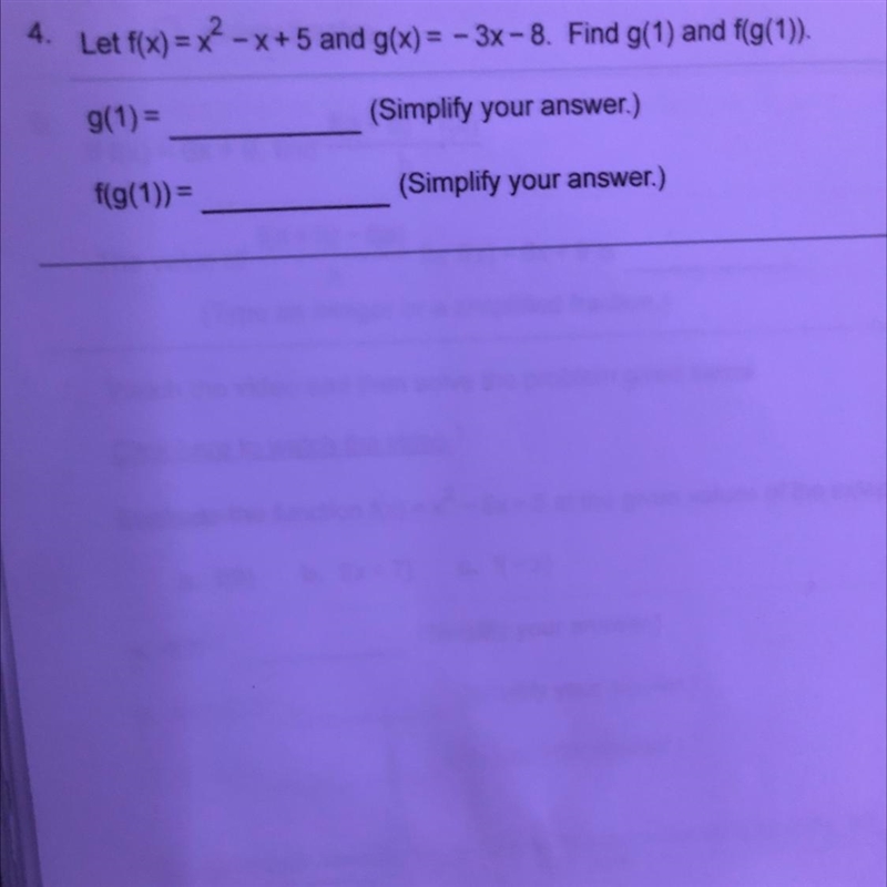 F(x)=x^2+5 and g(x)=-3x-8 Find g(1) and f(g(1)).-example-1