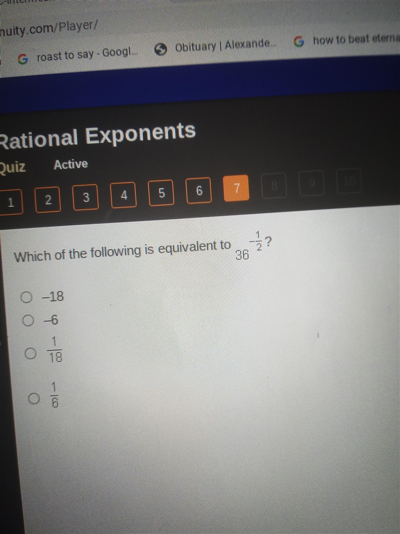 36^ - 1/2 Wich is equivalent? A -18 B -6 C- 1/18 D- 1/6-example-1