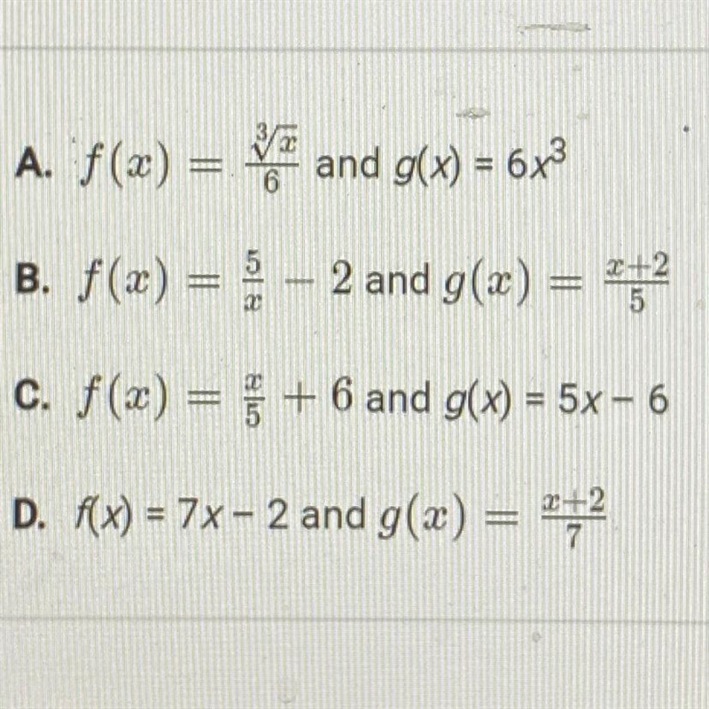 Which pair of functions are inverses of eachother?-example-1