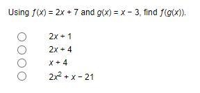 Using ƒ(x) = 2x + 7 and g(x) = x − 3, find ƒ(g(x)).-example-1