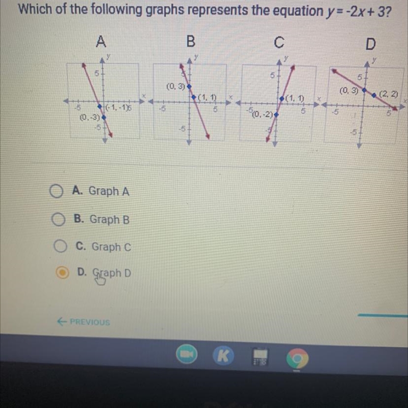 Which of the following graphs represents the equation y=-2x+3? D 5 5 (0,3) (0, 3) (2, 2) (1, 1) (1, 1) X-example-1