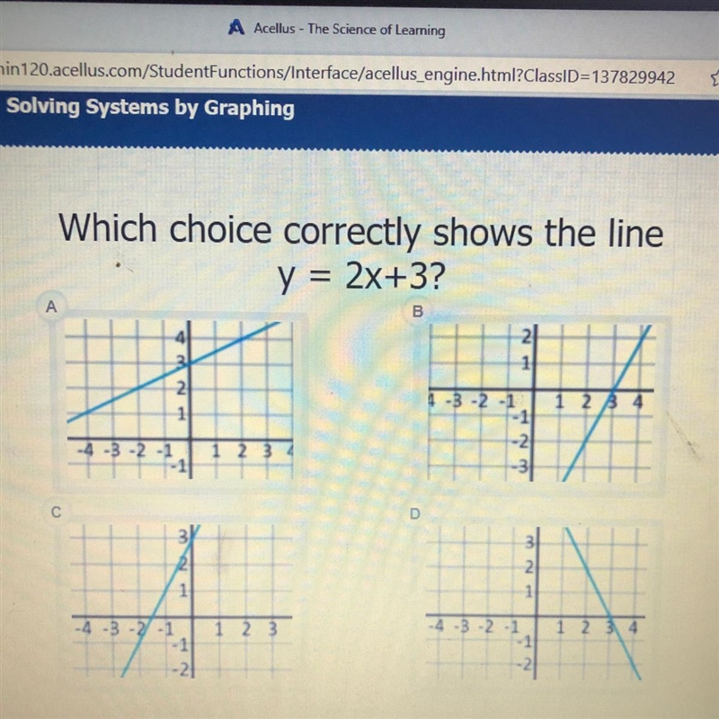 Which choice correctly shows the line y = 2x+3?-example-1