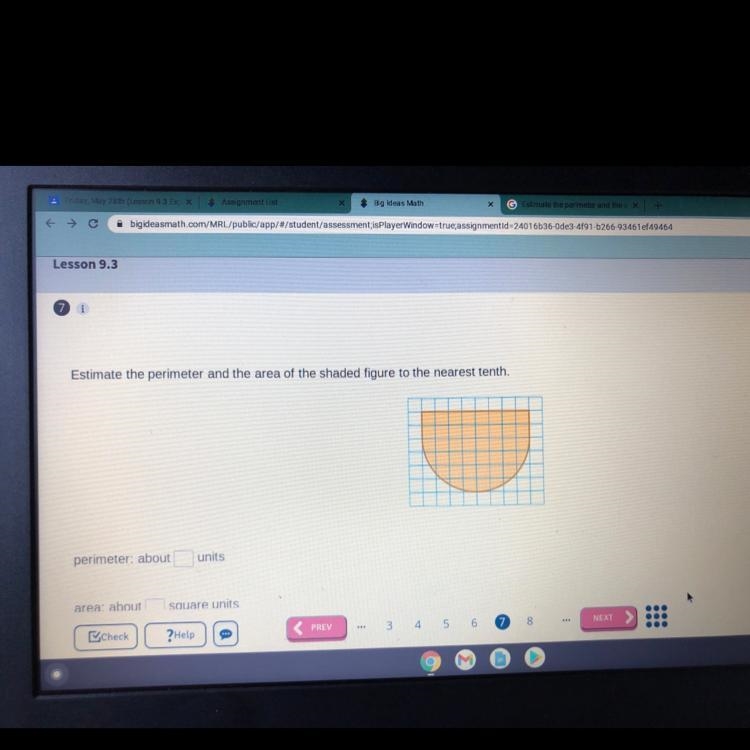 Estimate the perimeter and the area of the shaded figure to the nearest tenth. -Please-example-1