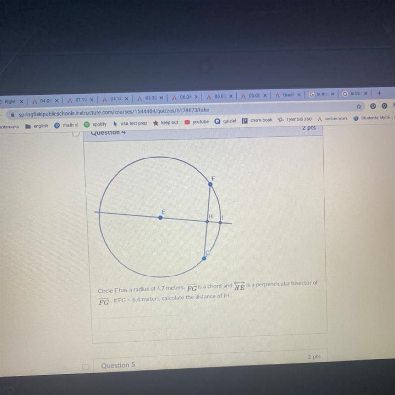 Circle E has a radius of 4.7 meters. FG is a chord and HE is a perpendicular bisector-example-1