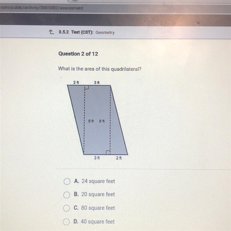 What is the area of this quadrilateral? 20 31 27 O A. 24 square feet O B. 20 square-example-1