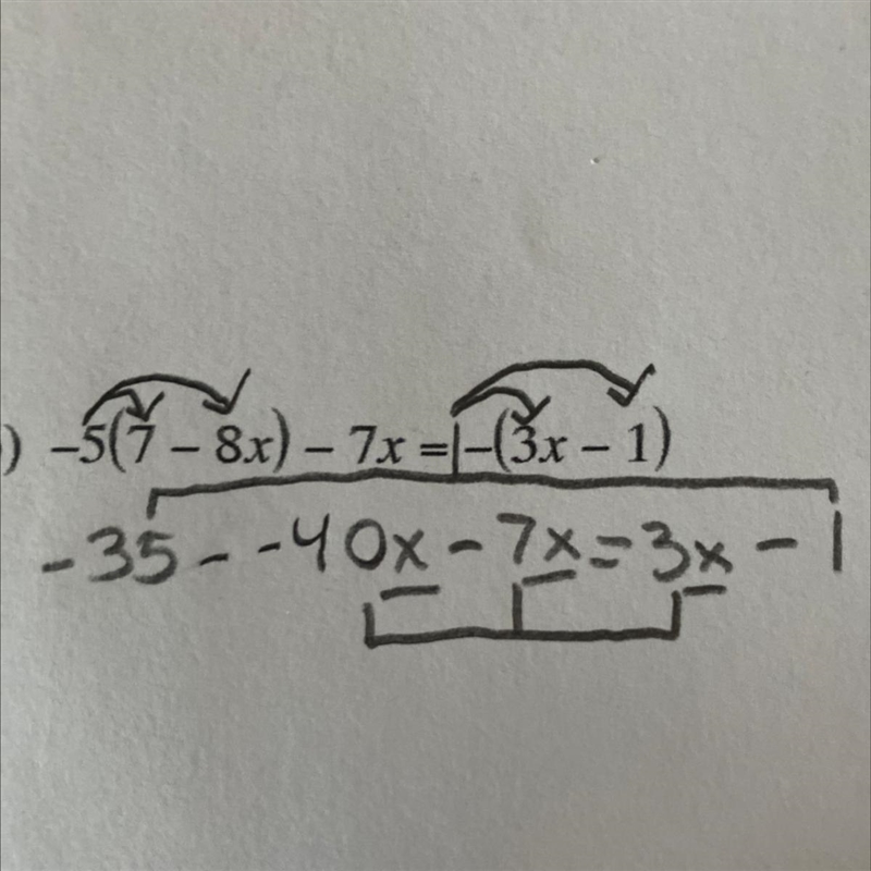 Solve each equation: -5(7-8x)-7x=-(3x+1)-example-1