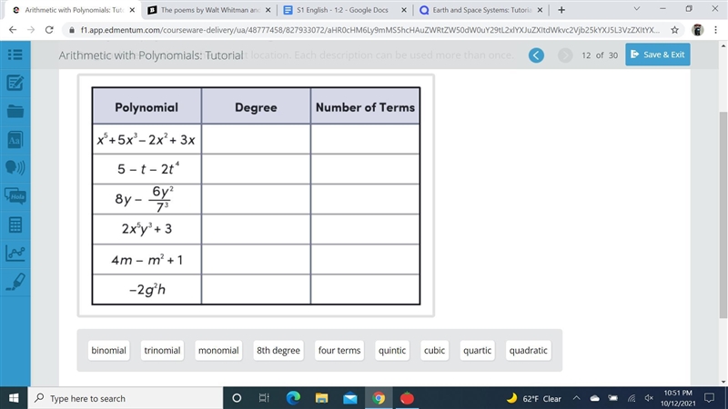 Classify each polynomial based on its degree and number of terms. Drag each description-example-1