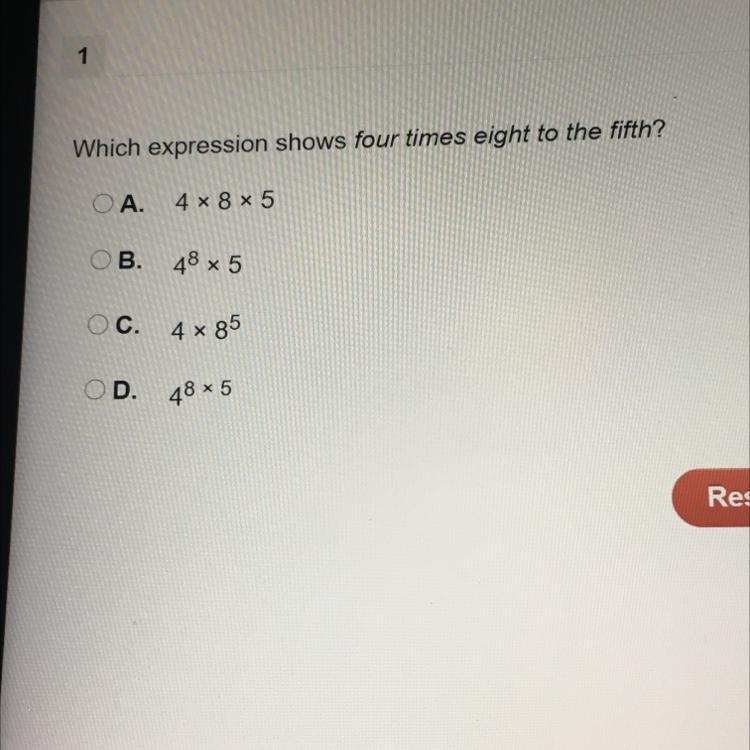 Which expression shows four times eight to the fifth?-example-1