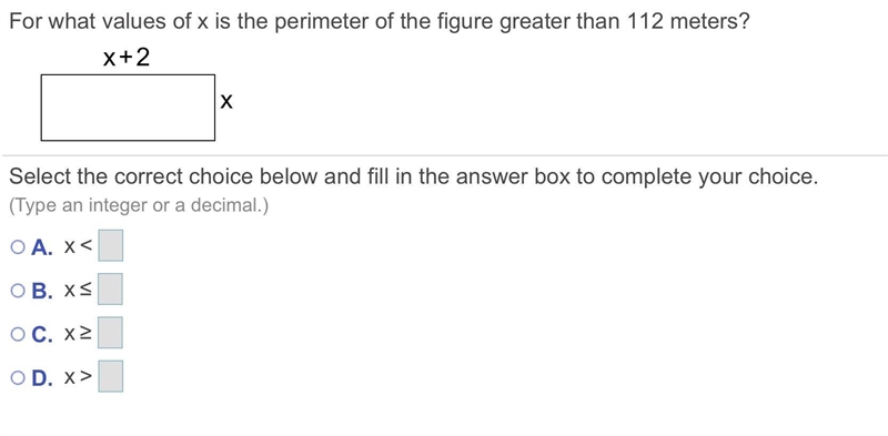 HELP For what values of x is the perimeter of the figure greater than 112 ​meters-example-1