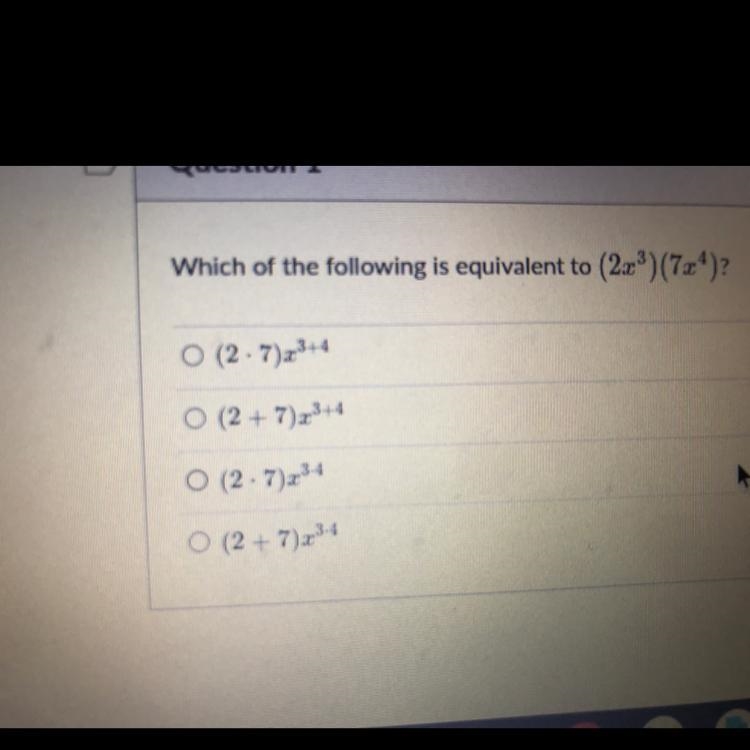 Which of the following is equivalent to (2x^3)(7x^4)?-example-1