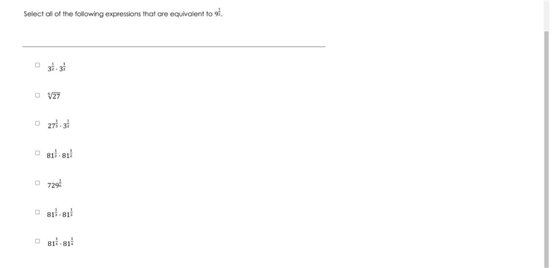 Select all of the following expressions that are equivalent to 9 to the 1/2 power-example-1