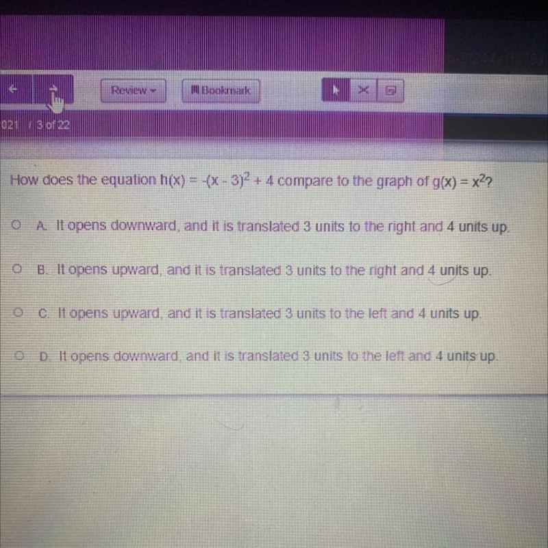 How does the equation h(x)=-(x,-3)2 + 4 compare to the graph of g(x)=x2?-example-1