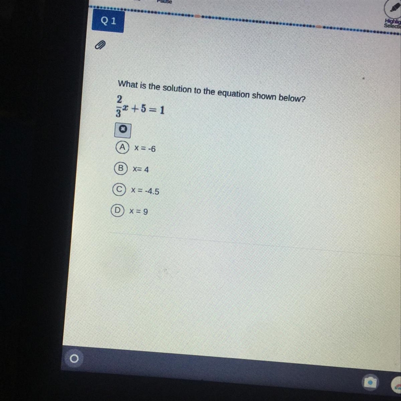 What is the solution to the equation shown below? 2 32 +5=1 A) X= -6 B) X= 4 C) X-example-1