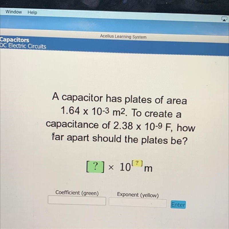 A capacitor has plates of area 1.64 x 10-3 m2. To create a capacitance of 2.38 x 10-9 F-example-1