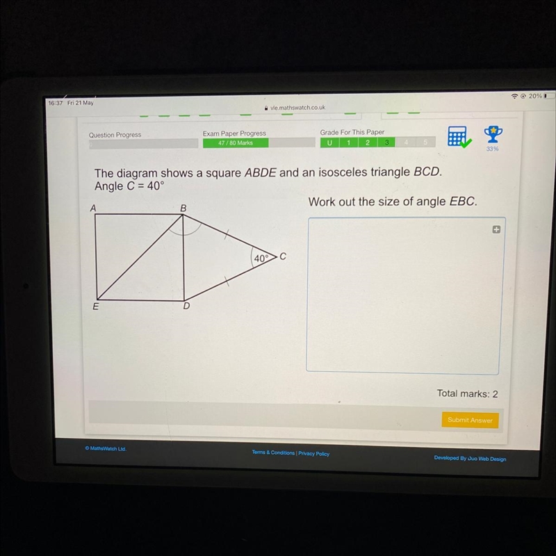 33% The diagram shows a square ABDE and an isosceles triangle BCD. Angle C = 40° Work-example-1