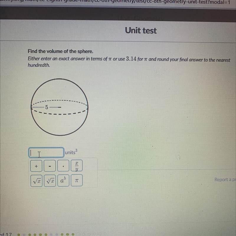 Find the volume of the sphere. Either enter an exact answer in terms of 1 or use 3.14 for-example-1