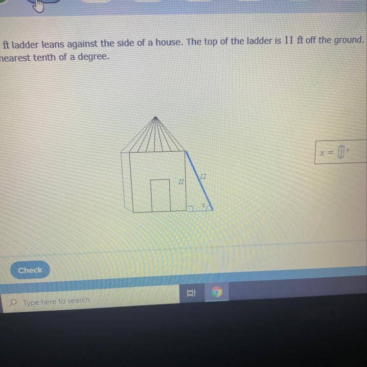 A 12 ft ladder leans against the side of a house the top of a ladder is 11 Ft off-example-1