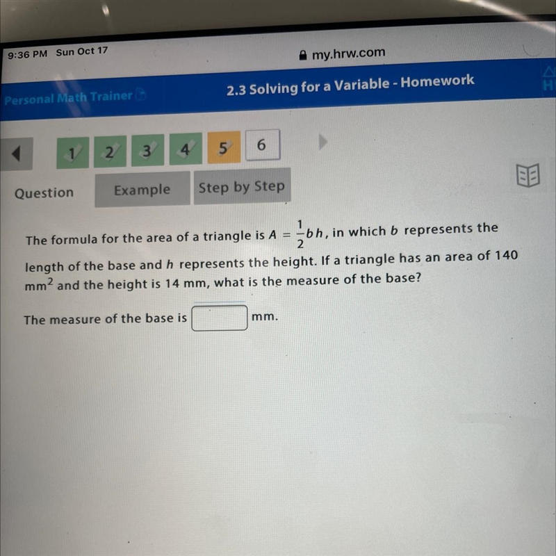 1 2 The formula for the area of a triangle is A = -bh, in which b represents the length-example-1