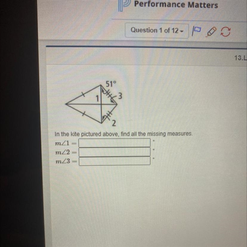 In the kite picture above, find all the missing measures. M<1= M<2= M<3=-example-1