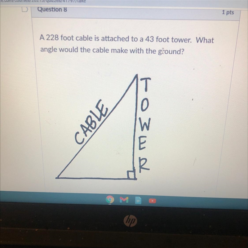 A 228 foot cable is attached to a 43 foot tower. What angle would the cable make with-example-1