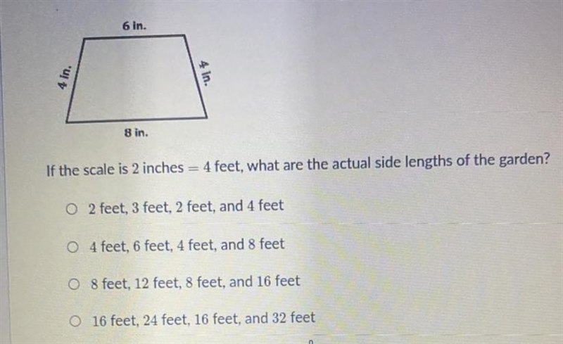 6 in. 4 in. 4 in. 8 in. If the scale is 2 inches = 4 feet, what are the actual side-example-1