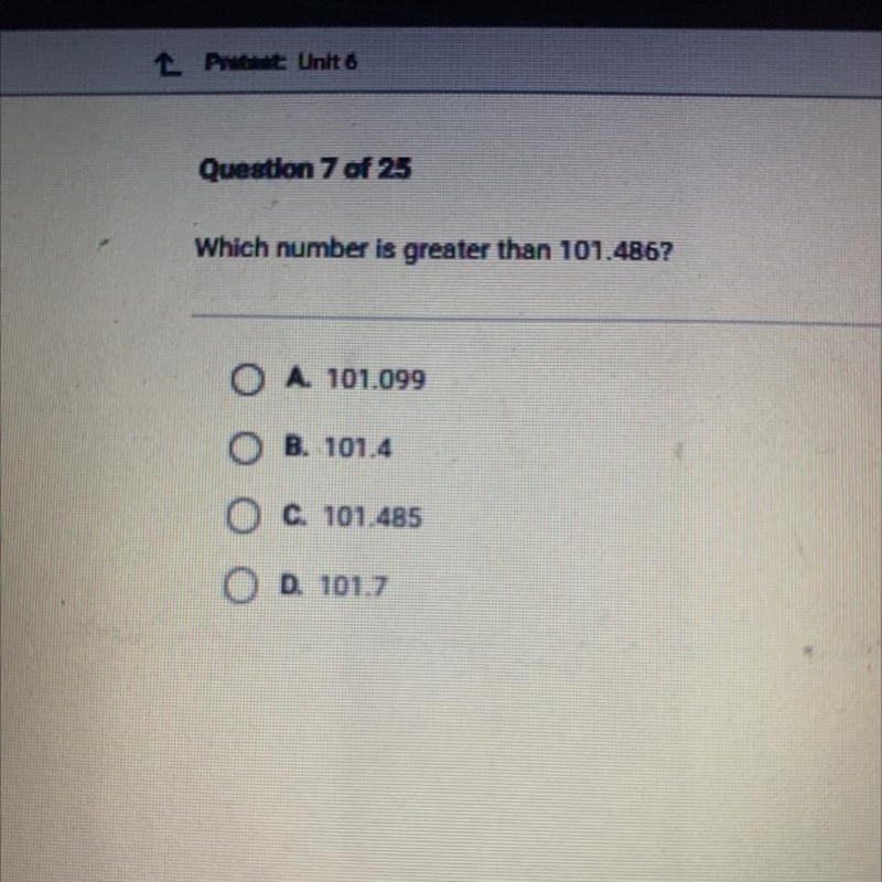 Question 7 of 25 Which number is greater than 101.486-example-1