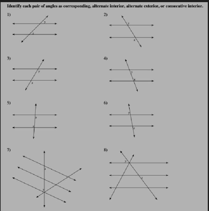 Corresponding angle, alternate interior angle, alternate exterior angle, consecutive-example-1