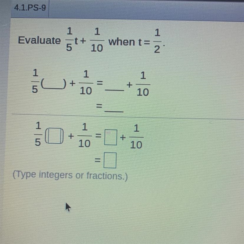 Evaluate 1/5t + 1/10 when t= 1/2-example-1